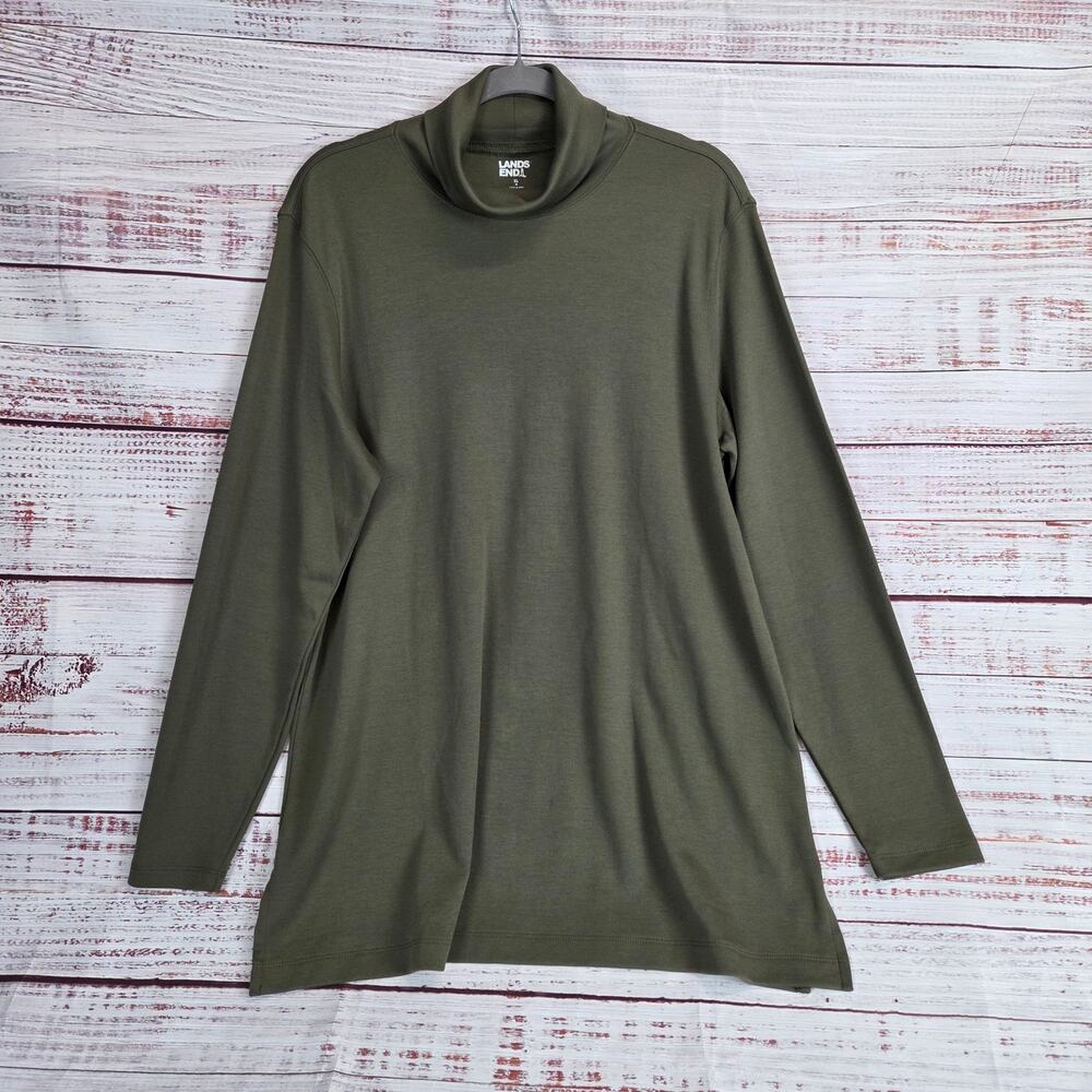 Lands End Cotton Turtleneck Sweater Dress XL Olive Green Earthy Neutral Minimal